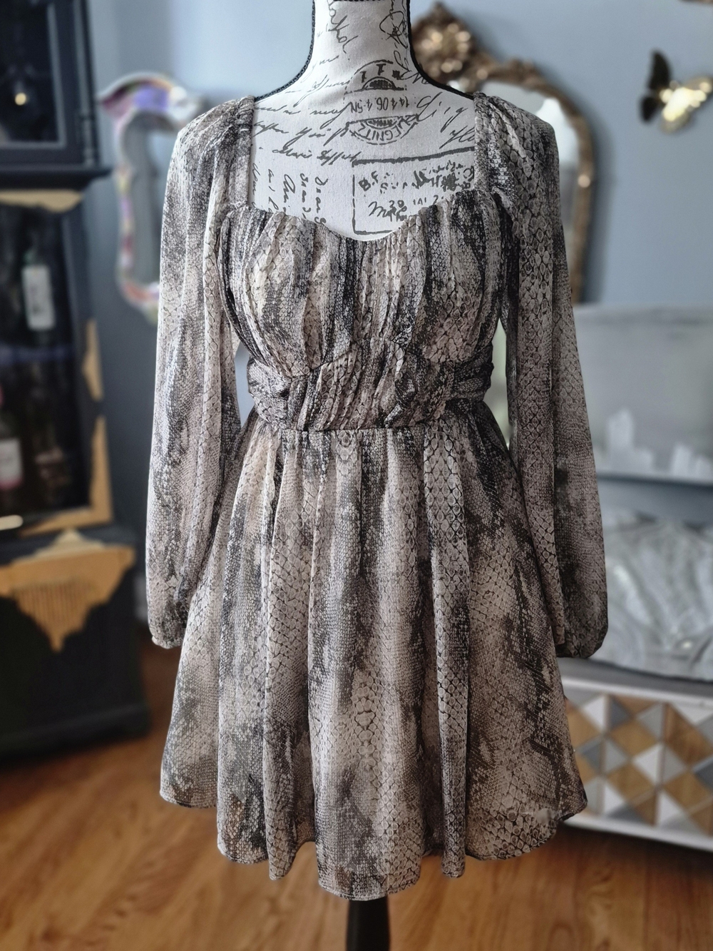 Express Babydoll Snake-Print Long Sleeve Mini Dress with Sheer Sleeves XS